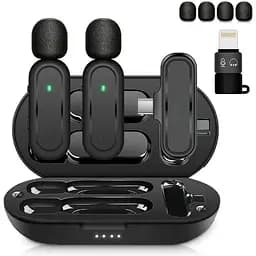 Беспроводные микрофоны Lavalier для iPhone, iPad, Android, с зарядным футляром и адаптером 2 шт