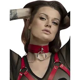 Чокер широкий з кільцем для повідця Feral Feelings - Collar червоний, натуральна шкіра