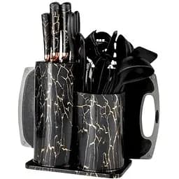 Набір кухонного приладдя 25 предметів з подвійною підставкою, обробною дошкою, набором ножів та прихватками Чорний мрамор