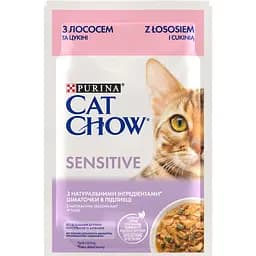 Вологий корм для котів Cat Chow Sensetive з лососем та цукіні 85 г у подарунок при покупці 8 штук вибраного асортименту . К-ть подарунків обмежена.