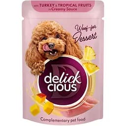 Влажный корм для собак Delickcious Хлопья с индейкой и тропическими фруктами в сливочном соусе 85 г