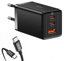 Мережевий зарядний пристрій Baseus GaN5 Pro Fast Charger 2Type-C+USB 65W + Cable Type-C to Type-C CCGP120201 Black