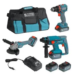 Konner & Sohnen Набір із трьох акумуляторних інструментів KS RHAGD 20V SET 3 20В дриль, шліфувальна машина кутова, перфоратор, швидкий ЗП 4.5А акб 2х4А·рік сумка 7.5кг