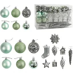 Новогодние украшения с глиттером зеленого цвета, набор из шаров, сосулек, подарков и елочек 72 шт (160778)