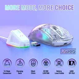 Миша бездротова Attack Shark X2 Pro + док-станція, Transparent White, Bluetooth 5.2 / USB 2.4GHz / Type-C, оптична (сенсор PixArt PAW3212), 1200 - 4000 dpi, RGB підсвічування, 5 кнопок, акумулятор 800 mAh - мініатюра 2