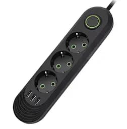 Сетевой фильтр-удлинитель Voltronic F03UB 3 розетки + 3 USB, 1.5 м, 3х0,75мм, 2500W, Black