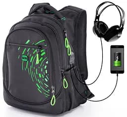 Рюкзак для підлітків до школи чорний із зеленим із usb зарядним пристроєм для хлопців Winner / SkyName (90-108 G)