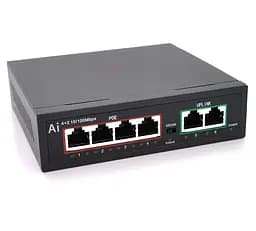 POE коммутатор Merlion BTD6004 4xPOE 10/100 + 2 RJ45 10/100 встроенный блок питания 52V 1.05A - мініатюра 1