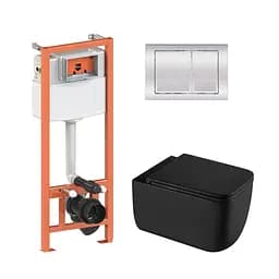 Подвесной унитаз Qtap Gemini Ultra Quiet + инсталляция Qtap Nest 4 в 1 (квадратная клавиша Chrome), Черный