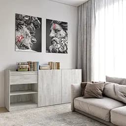 Комод для дома Flamecame без ручек c двумя дверцами, ящиком и полками из ДСП II FRS-3 Бетон