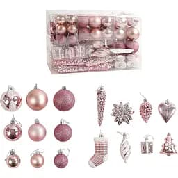Новогодние украшения с глиттером розового цвета, набор из шаров, сосулек, подарков и елочек 72 шт (1160777)