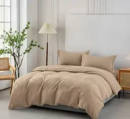 Комбинированное муслиновое постельное белье Primavara в цвете Бежевый Евро с простыней на резинке