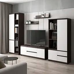 Комплект меблів у вітальню VAYS шафа R-26, шафа R-27, тумба R-28, полиці М-22, венге темний-білий фасад