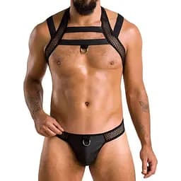 Комплект чоловічої білизни з кріпленнями Passion 043 Jacob S/M Black, труси, шлейки