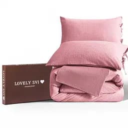 Комплект постільної білизни Lovely Svi варена бавовна (120 г/м2) Полуторний  в клітинку Рожево - Червоний