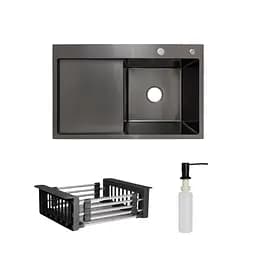 Кухонна мийка Lidz Handmade H7849BL інтегрована крило зліва BlackPVD у комплекті з дозатором та корзиною, Чорний