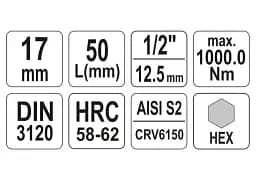 Головка торцева Yato квадрат 1/2" HEX M17 L= 55 мм (YT-04388) - мініатюра 3