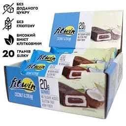 Блок протеїнових батончиків FitWin Protein Bar 20%, 12x60 грам з начинкою - Кокос