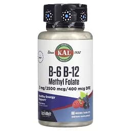 Вітаміни B6, B12 KAL B-6 B-12 Methyl Folate, 60 мікро таблеток для підтримки серцево-судинної системи
