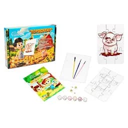 Деревʼяний пазл-розмальовка А5 "Поросятко" PuzzleOK Puz-22939 пензлик, фарби, клейка плівка - мініатюра 3