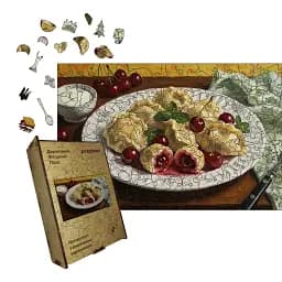 Дерев'яний фігурний пазл Рум’яні Вареники з вишнею, А5, Дерев'яна коробка 35 елементів