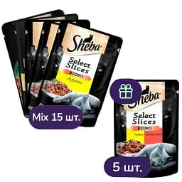 Набір вологого корму для котів Sheba, в асортименті 15 шт. + з куркою та яловичиною в соусі 5 шт. 1.7 кг (20 шт. х 85 г)