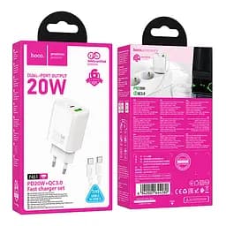 МЗП Hoco N61 Gentle PD20W+QC3.0 (1USB-A/1C) + кабель Type-C to Type-C White - мініатюра 6