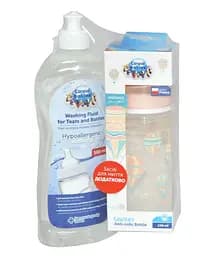 Набір пляшка з шириким отвором "In the Clouds" 240 мл рожева + Рідина для миття пляшечок і сосок 500 мл