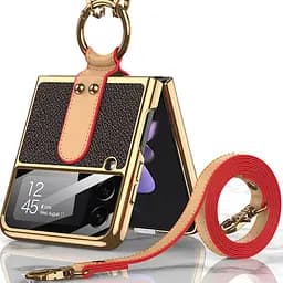 Шкіряний чохол GKK with ring and strap для Samsung Galaxy Z Flip4 Brown - мініатюра 2