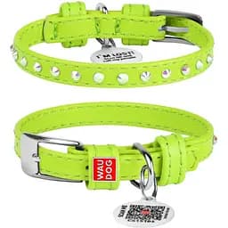 Нашийник для собак Waudog Glamour, шкіряний, зі стразами, з QR паспортом, XS, 19-25х0,9 см, салатовий - мініатюра 3
