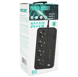 Сетевой фильтр-удлинитель Voltronic G-13, 3000W, 4 Socket + 4 USB 3,2А + 2 Type-C, 2м, Black - мініатюра 5