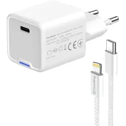 Мережевий зарядний пристрій ColorWay, білий, 20 Вт, GaN, 1xType-C (20 Вт, PD3.0), Auto ID, кабель Type-C - Lightning 1 м