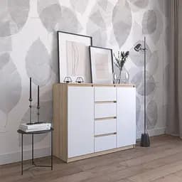 Комод Vays R-11 Дуб Сонома-Белый фасад, 4 ящика и 2 отделения с полками, без ручек, ЛДСП, 120×40×98 см - для спальни, гостиной