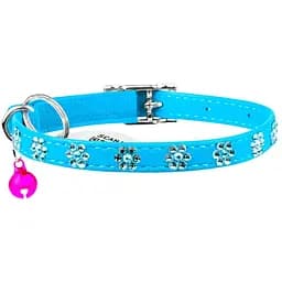 Нашийник для котів Waudog Glamour Квіточка, шкіряний, з еластичною вставкою, зі стразами, 22-30х0,9 см, блакитний