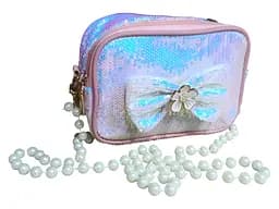 Детская сумка через плечо с бусинами розовая голографическая (25-567)