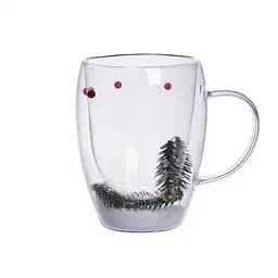 Чашка скляна з подвійними стенкаміс новорічним декором гілочка з ялинки 350 мл Yiwu 64486-44