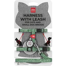 Шлея з повідцем для котів Waudog Re-cotton з QR паспортом, з відновленої бавовни, світловідбиваюча, пластиковий фастекс, XS