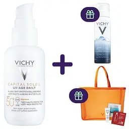 Набір Vichy: сонцезахисний невагомий флюїд Capital Soleil UV-Age Daily 40 мл + термальна вода 50 мл + набір пробників у сумці