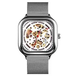 Чоловічий механічний годинник Skmei 9184 скелетон (Сріблястий з білим циферблатом)