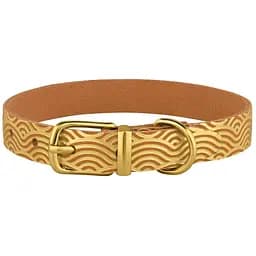 Нашийник для собак BronzeDog Barksi Classic Хвиля шкіряний одинарний із золотим тисненням 23-30х1.2 см гірчичний