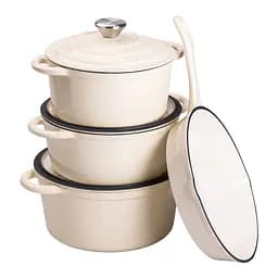 Набір чавунного посуду 1/2/3/4 л емальований 3 каструлі сковорода, комплект кухонного начиння для готування Бежевий HP-1-6-WHITE
