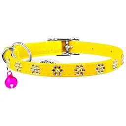 Ошейник для кошек Waudog Glamour Цветочек, кожаный, с эластичной вставкой, со стразами, 22-30х0,9 см, желтый