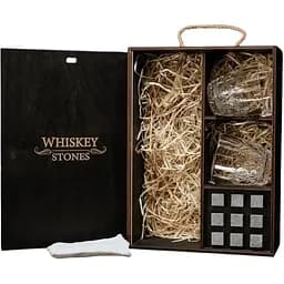 Подарочный набор Whiskey Stones камни для виски в деревянном пенале №7 + 2 стакана Bormioli Rocco Dedalo + щипцы + мешочек