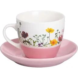 Чашка із блюдцем керамічна Liling Rongxiang Ceramic 250 мл із квітковим принтом рожева RX-N24723P