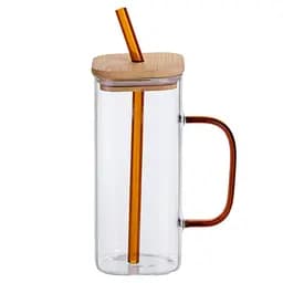 Чашка стеклянная 400 мл с бамбуковой крышкой и золотистой трубочкой Золотистый Yiwu HP-19-146GOLD