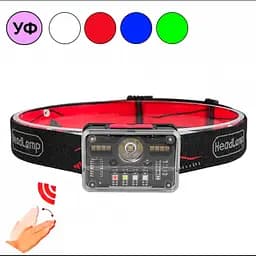 Ліхтар налобний акумуляторний M-006 XPG+8SMD+4SMD із сенсорним керуванням червоний синій зелений білий ультрафіолет - мініатюра 2