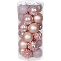 Набір ялинкових кульок діаметром 6 см рожевого кольору 24 шт рельєфний перламутр матові і глітер