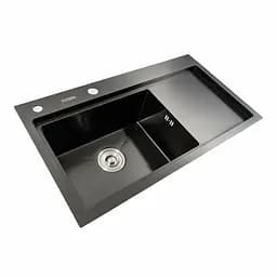 Кухонна мийка чорна PVD 78x43 L Platinum Handmade (два отвори, круглий сифон 3,0/0,8), Чорний - мініатюра 3