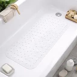 Гумовий килимок на присосках 95х35 у ванну душ резиновий противоскользящий коврик для дорослих дітей на дно ванної кімнати антиковзаючий білий