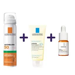 Набір: Сонцезахисний спрей для обличчя La Roche-Posay Anthelios XL SPF 50+ 75 мл + Ліпідовідновлювальний очищувальний засіб La Roche-Posay 100 мл + Сироватка-антиоксидант La Roche-Posay Пюр Вітамін С12 проти зморшок 10 мл